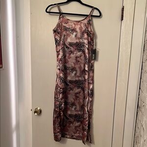 New! Joan Vass silky Pink Patterned Dress S adjustable straps side slits